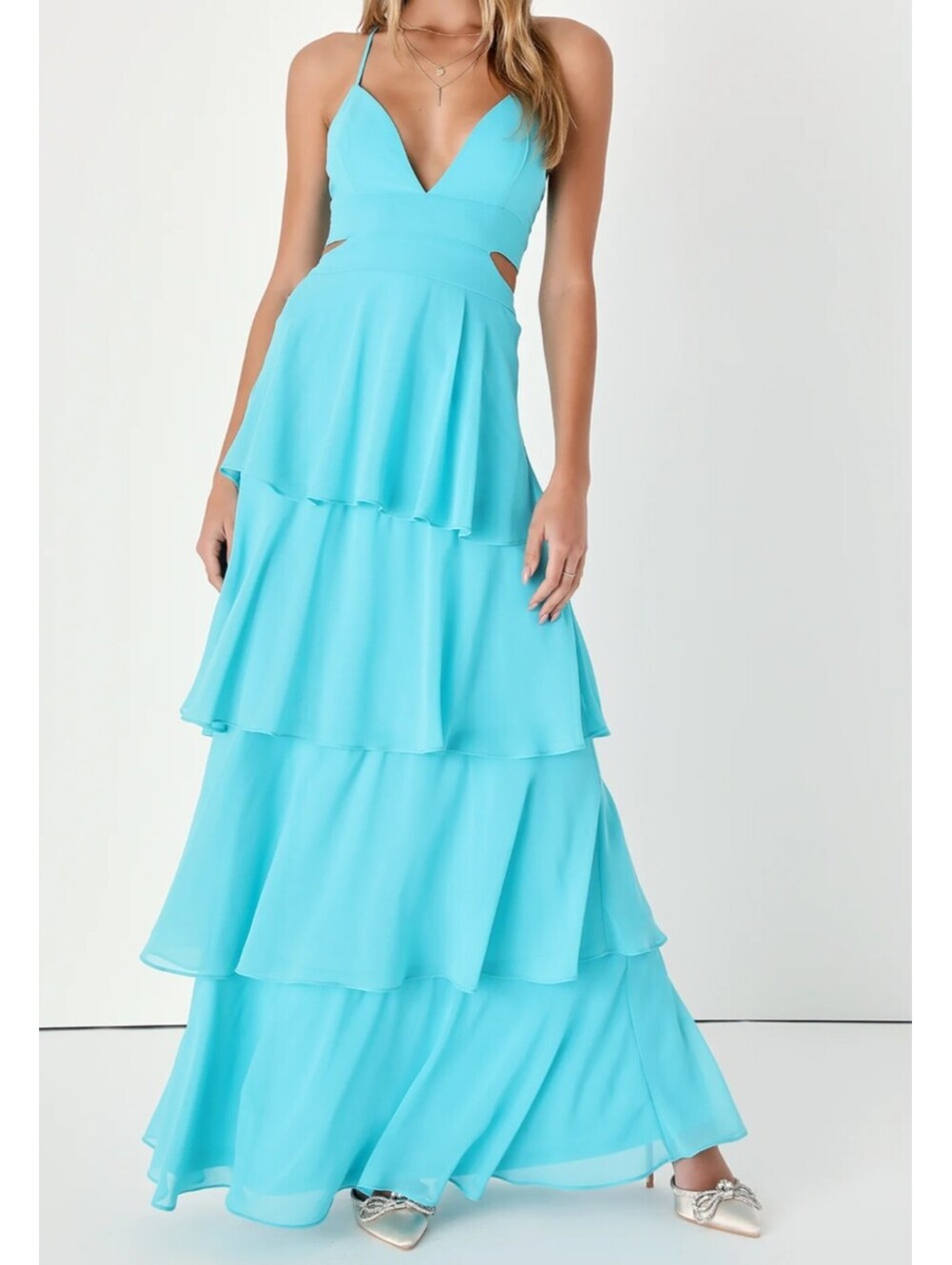 LULUS Tier and now aqua blue ruffle maxi dress sz L NWT